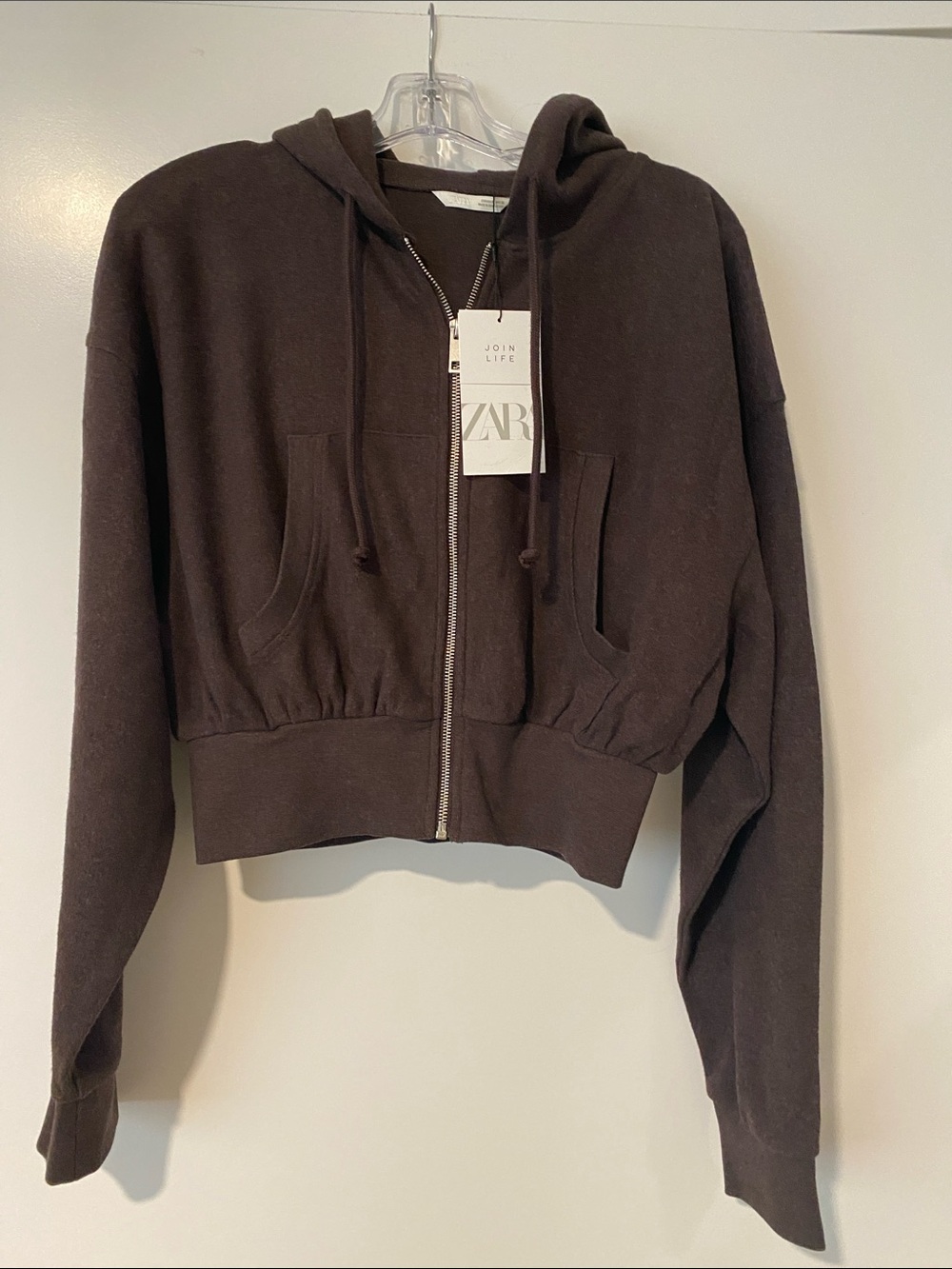 ZARA Heather Brown Cropped Zip Hooded Knit Sweater Jacket M NWT Bloggers Fave